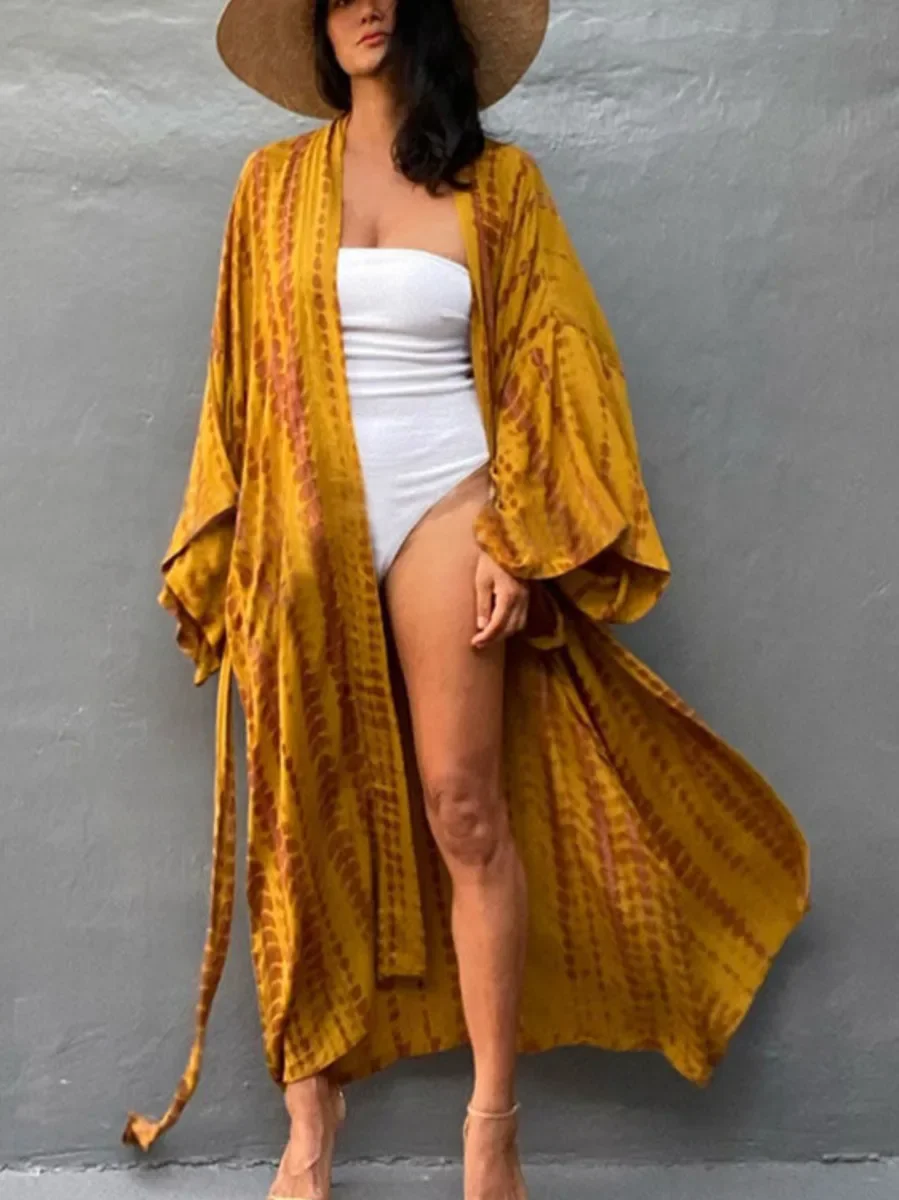 タイダイビキニカバーアップ夏プリント水着ケープパレオボヘミアンホリデービーチ着物ドレスセルフベルト付き水着