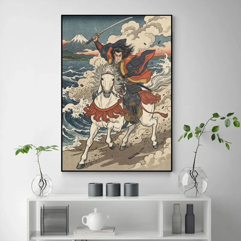 Japanese Warrior Moon Samurai Canvas Print Ukiyo-e Wall Art Vintage Samurai Poster Home Decor Gift for Men Living Room Decor