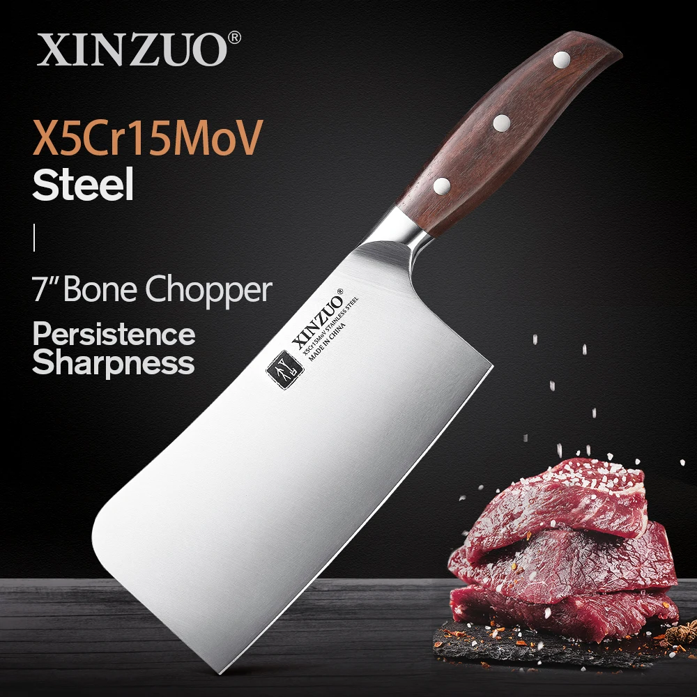 XINZUO 7 \'\'Bone Chopper Knife X5Cr15MoV mannaia in acciaio inossidabile coltelli da cucina manico in legno di sandalo rosso tagliere Carving