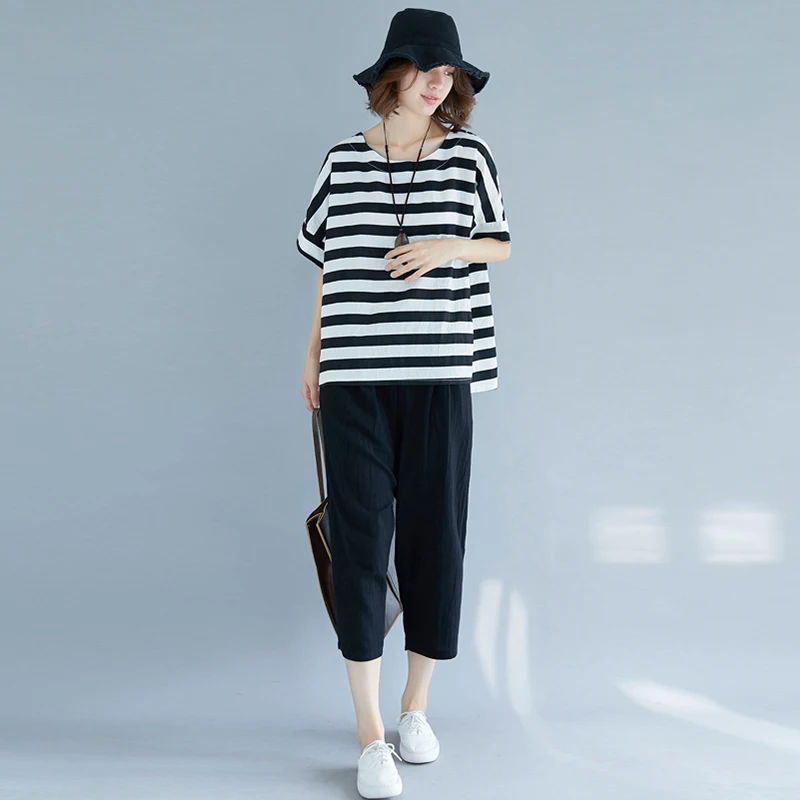ファッショナブルなルーズコットンリネンバットウィングスリーブラウンドネックストライプTシャツとワイドレッグパンツのツーピースセットレディース服