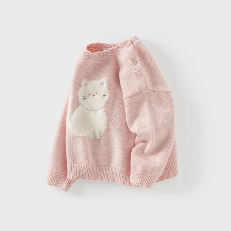 Dave Bella 2024 New Autumn Winter Girls Baby Cute Knitted Sweater Pullover Cartoon Cat Pink Children's Knitwear Top DB4242663