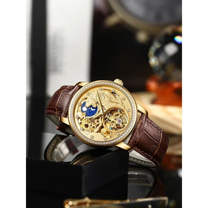 AILANG Golden Tiger Men's Automatic Mechanical Watch, Classic Diamond Inlaid Luxury Wristwatch New Fashion Watch