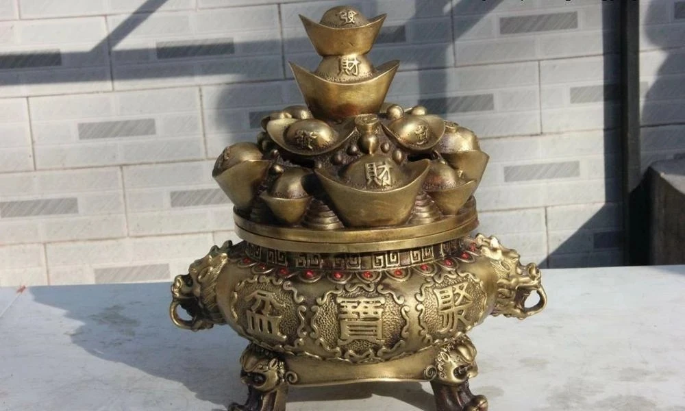 

Chinese Folk Pure Brass Copper Yuan Bao Money Treasure Bowl Wealth Beast Statue