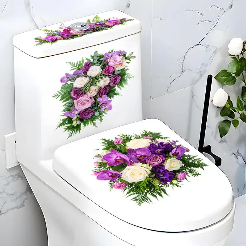 Flower Bouquet Toilet Decor Decals Self Adhesive Removable Waterproof PVC Stickers for Home Toilet Seat