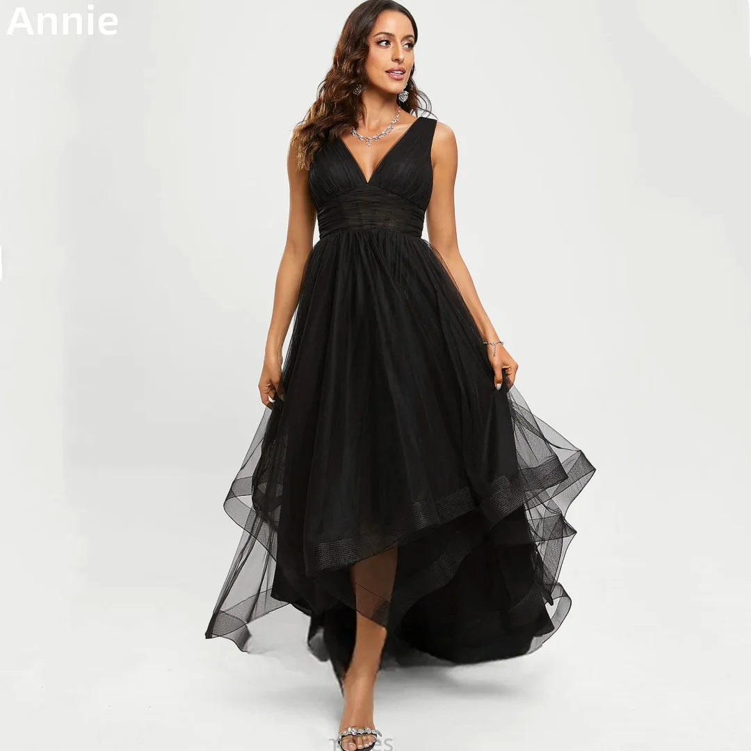 Annie Black Wedding Dress High And Low A-shaped Fluffy Tulle Prom Dresses V-neck Elegant Lady Bespoke Occasion Dresses