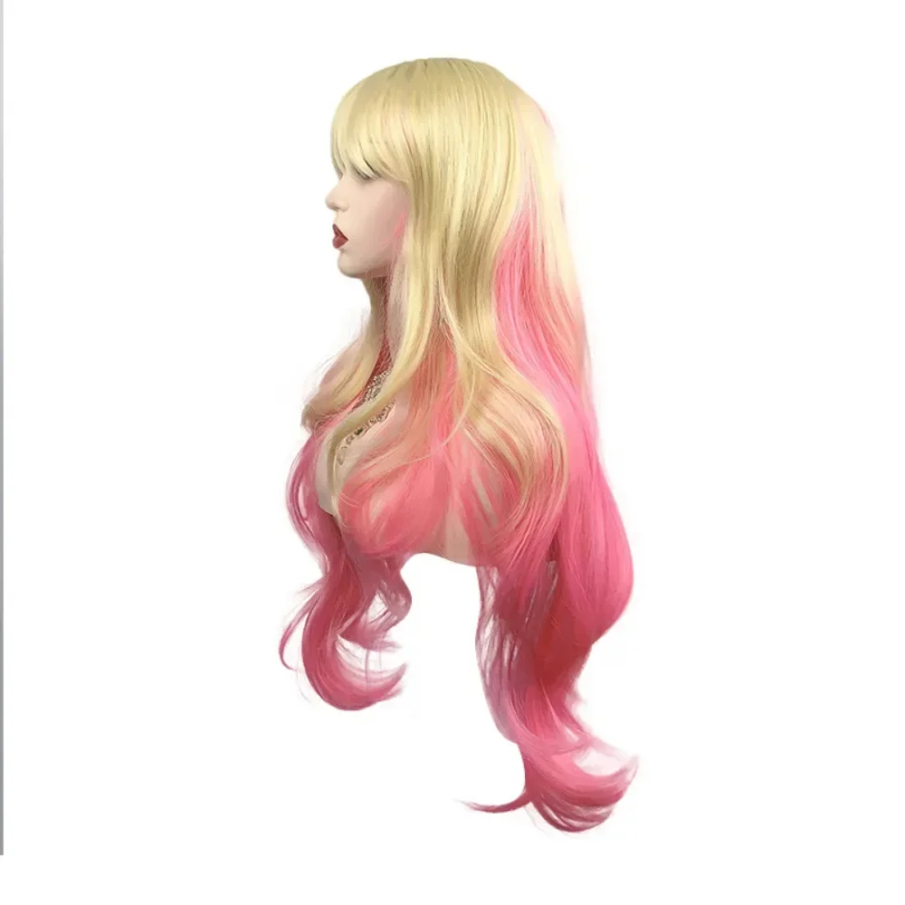 Synthetic Wigs  Fashion Gold Gradation Powder Long Curly Hair Big Wavy Wig Full Cover Headpiece