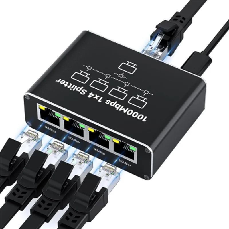AB53 Gigabit 1000Mbps RJ45 Ethernet Splitter 1 To 4 Adapter Switch For High-Speed Network Connectivity