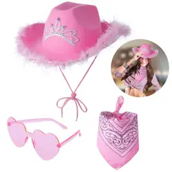 Cowgirl Hat Feather Boa With Heart Glasses Bandana Pink Western Women Cowboy Hats Bachelorette Costume Cosplay Party Dress-Up