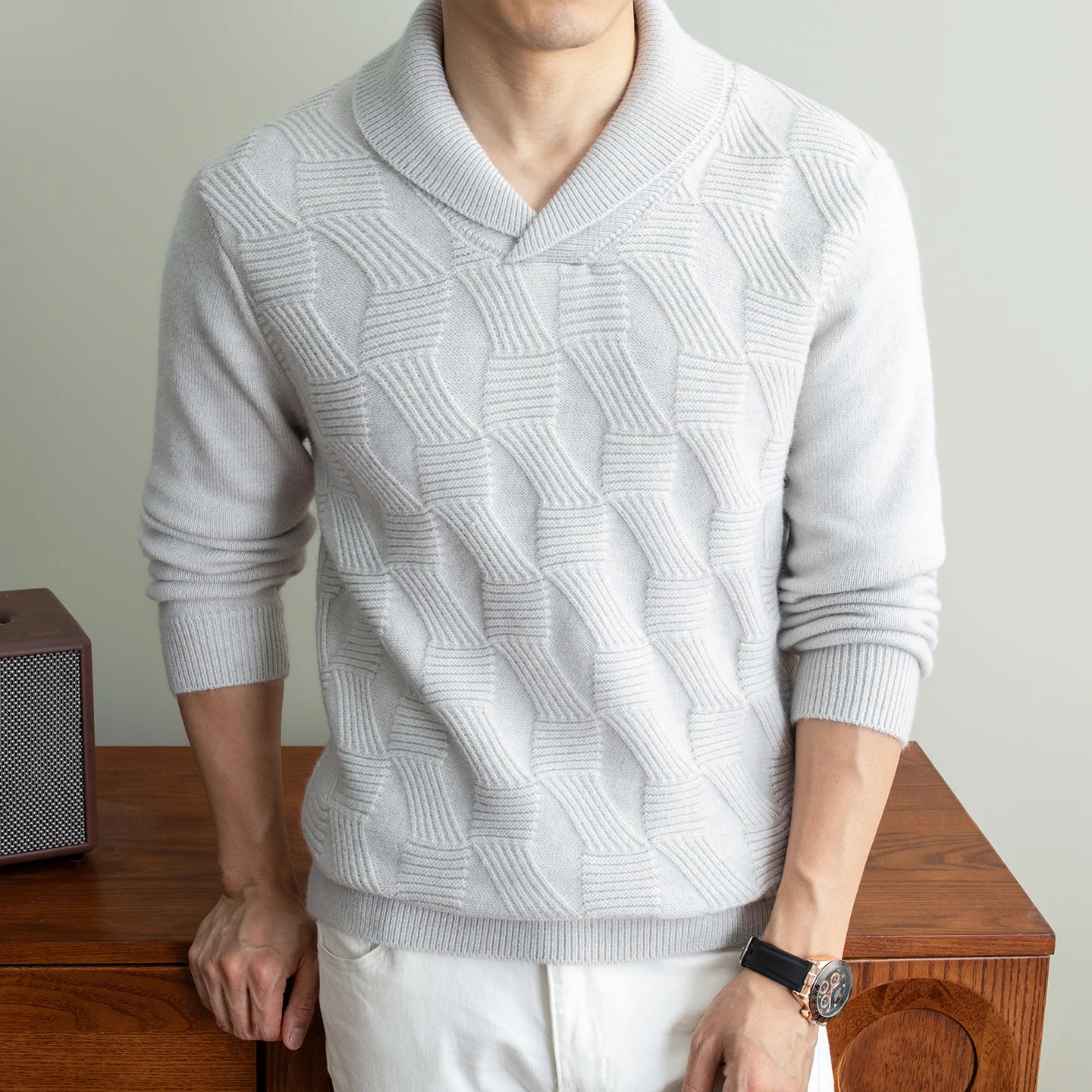 Personality lapel knitted men's sweater fashion high-quality solid color jacquard comfort warm autumn winter new casual pullover
