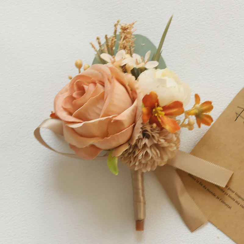 

Wedding Wrist Corsage and Boutonniere 379Wedding supplies guest artificial flower groom bridal flower orange brown