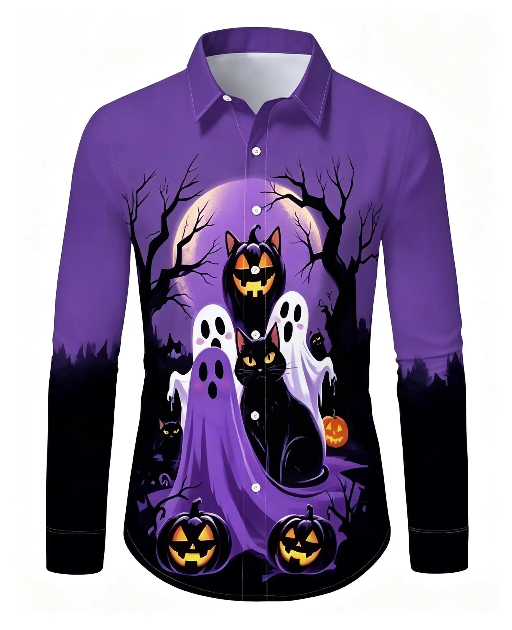 Halloween Style Men Lapel Collar Shirt Dark Base Moon Cat Ghost Graphic Polyester Long-Sleeve Blouse