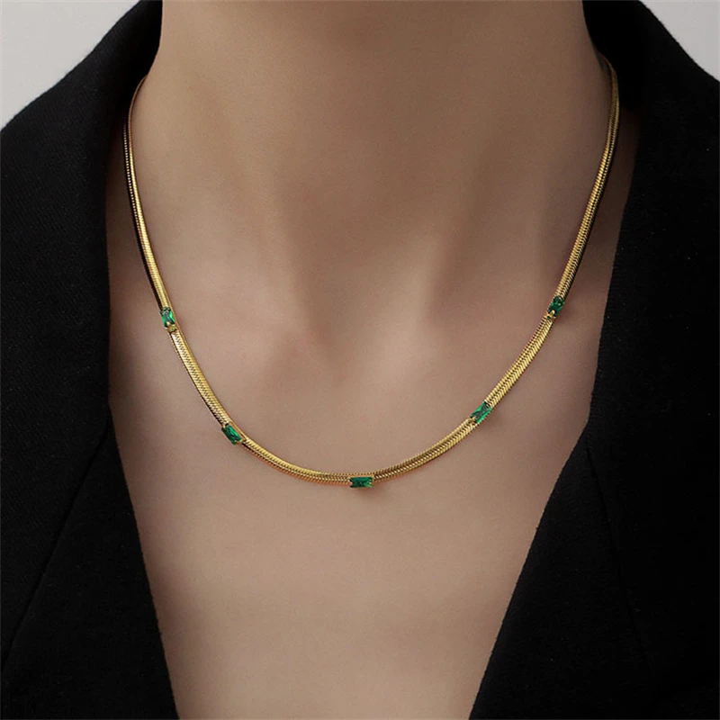 316L Stainless Steel New Fashion Upscale Jewelry Embedded 5 Zircon Charms Flat Snake Chain Choker Necklaces Bracelets For Women