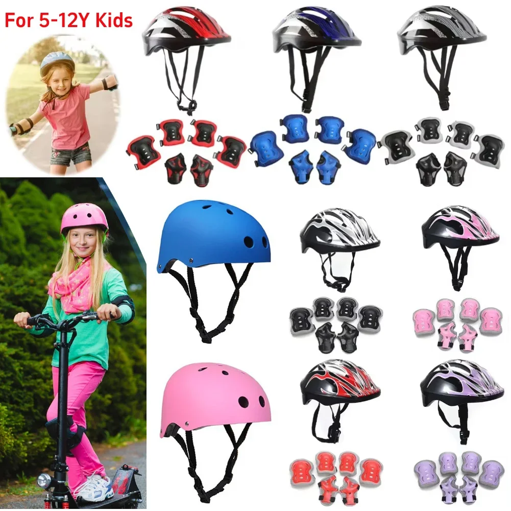 7/1PC Safety Ride Protection Gear Set Adjustable Kids Safety Skating Helmet Pad Set Breathable 48-55cm for Boys Girls 5-12 Years