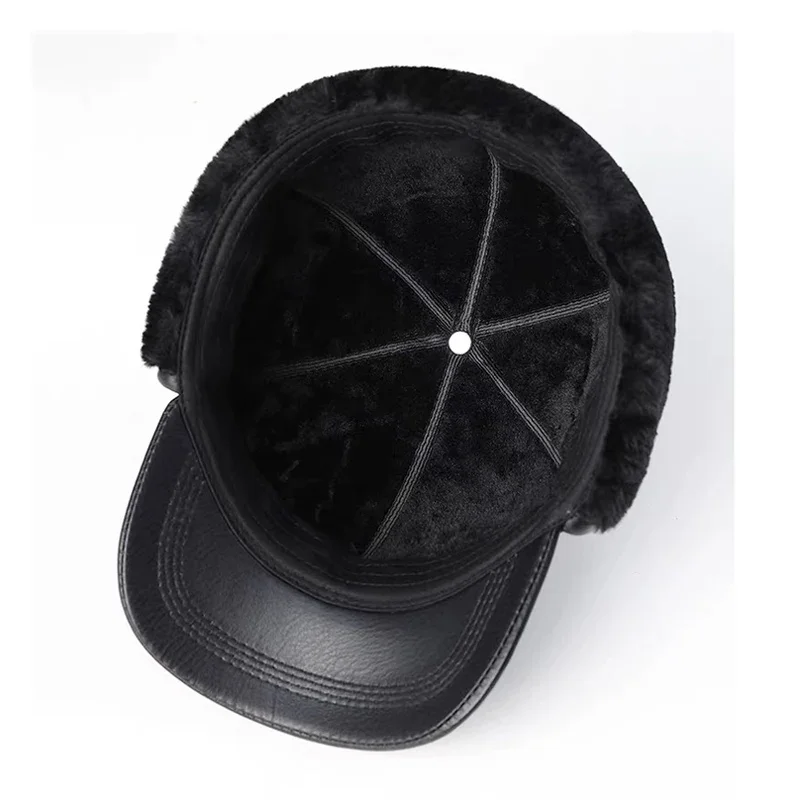 Winter Genuine Leather Keep Warm Hats Cowhide/Sheepskin Earmuffs Bomber Caps Plus Velvet Thicken Man Bone Caps Dad Hat