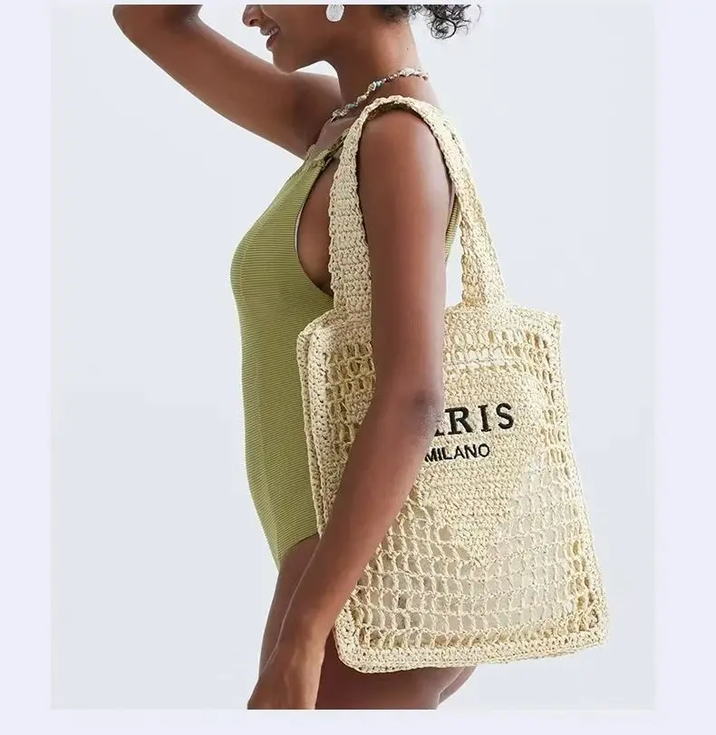 Niche Designer Luxury Retro Embroidered Letter Woven Bag Beach Vacation Hollow Mesh Bag High-end Fashion Shoulder Bag Handbag