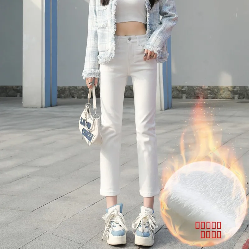 

Новые зимние белые прямые джинсы на подкладке, женские джинсы из смеси хлопка с высокой талией, удобные облегающие джинсы с девятью точками
