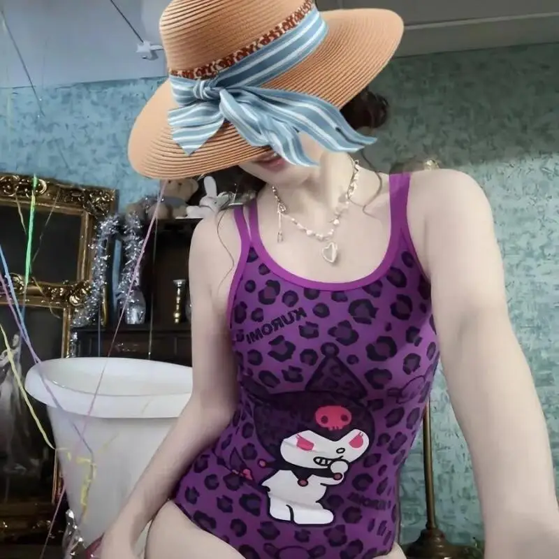 

Cartoon Sanrios Kuromi Swimsuit Cute Leopard Print Jumpsuits Swimwear Women Racing Swimsuit Fashion Pool Party Girl Bathing Suit