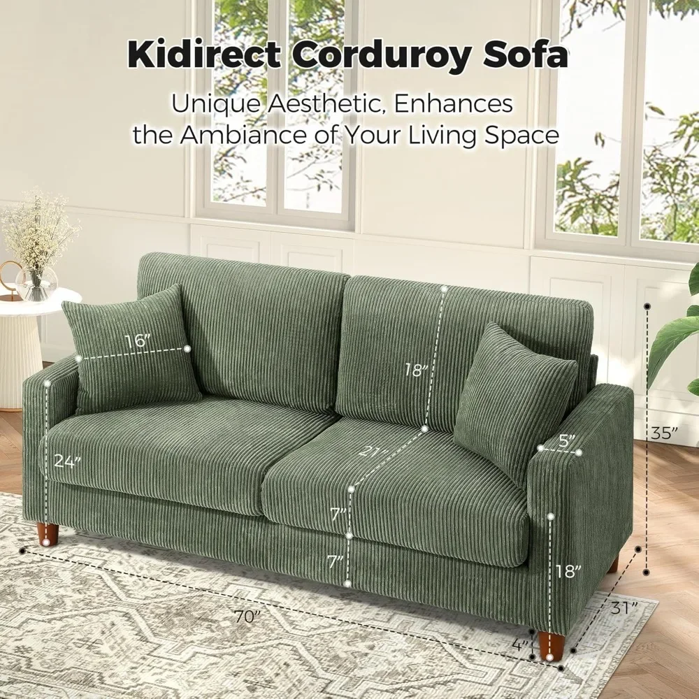 70in Green Sofa, Couches for Living Room 21in Extra Deep Seats, Comfy Corduroy Sofas for Living Room No Tool Assembly