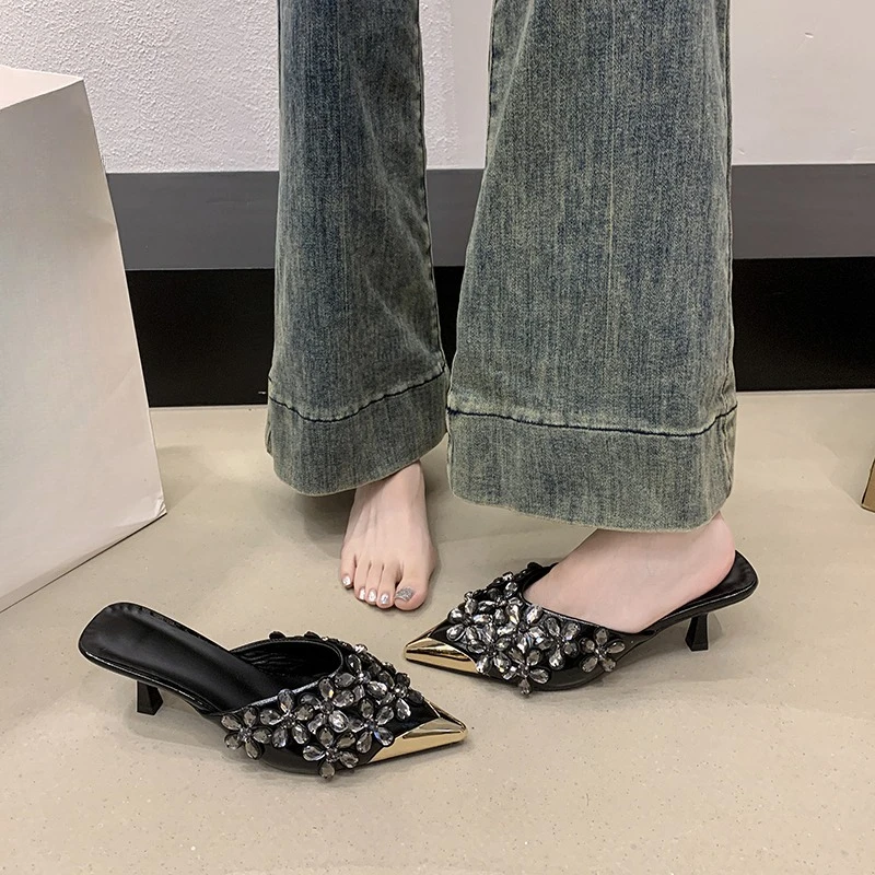 Pointed Toe Stiletto High Heel Baotou Half Drag Summer New Rhinestone Flower Fairy Wind Metal Head Cold Slippers Outside Wear