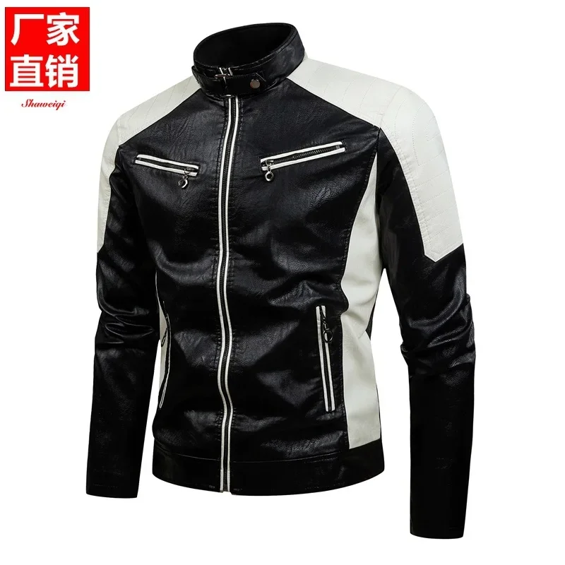 Foreign trade leather jacket with color blocked stand up collar PU leather motorcycle jacket for spring and autumn casual jacket