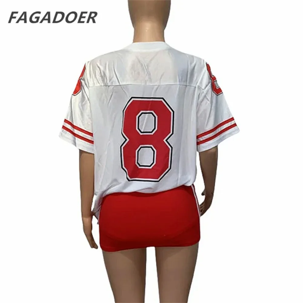 FAGADOER Y2K INS Letter Print Womens 2 Piece Outfit Set Basketaball Tshirt and Bodycon Mini Skirt Suits Hot Girls Streetwear Red