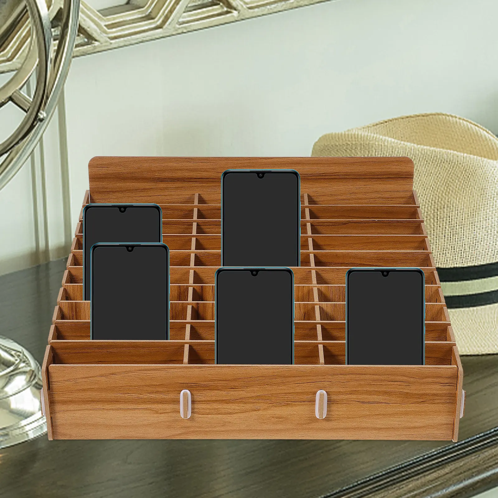 Wooden 30-Grid Phone Storage Box Desktop Mobile Phone Organizer Holder Sturdy Multi-Compartment Management Box for Office