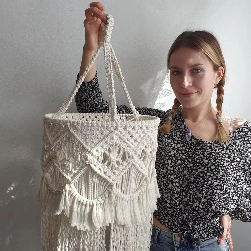 Nordic Style Hand Woven Cotton Rope Lampshade, Hand Woven Decorative Hanging Lampshade Homestay Lighting Pendant Room Decoration
