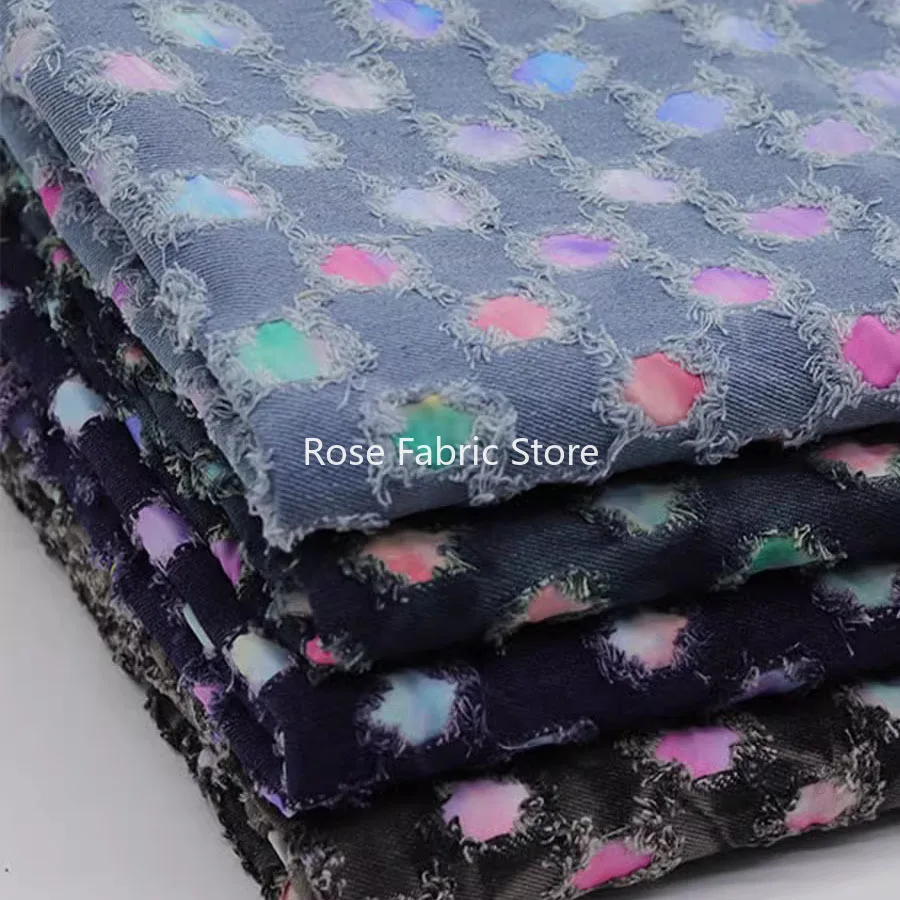 

1 Meter Colotful Tie Dyed Denim Jeans Fabric With Broken Holes Fashion High End Fabrics Sewing Pants Blazer DIY Handmade Telas