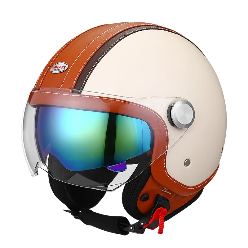 Faux Leather Helmet for Men Women Retro Motorcycle Helmet All-Season Electric Bike 3/4 Helmet Double Mirror 2 Color
