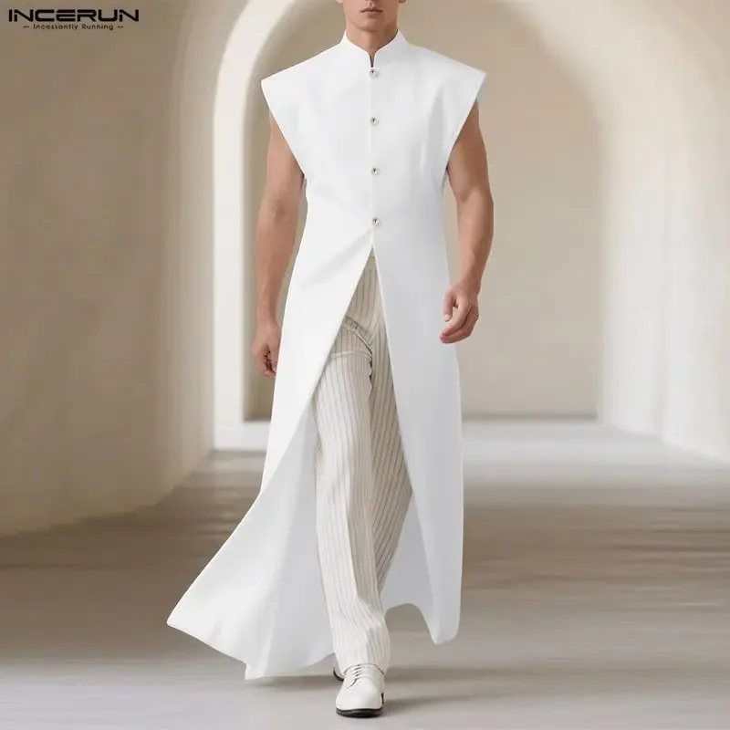 

INCERUN Men's Long Style Shirts Solid Stand Collar Sleeveless Men Clothes Streetwear Loose 2026 Fashion Cardigan For Man Tops