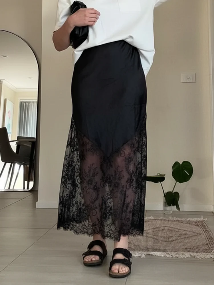 

Trendix 2025 Autumn Elegant Lace Long Skirt Women High Waist Patchwork See Through Maxi Skirts Party Fashion Midi Skirt Fall New