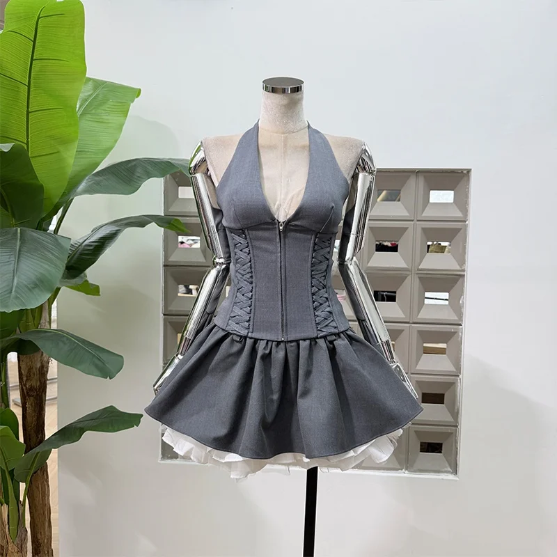 

New Sli V-Ne Strapl Top And Puffy Skirt Club Slimming Unique Sle Women's Faion Set High Waist Spring Season