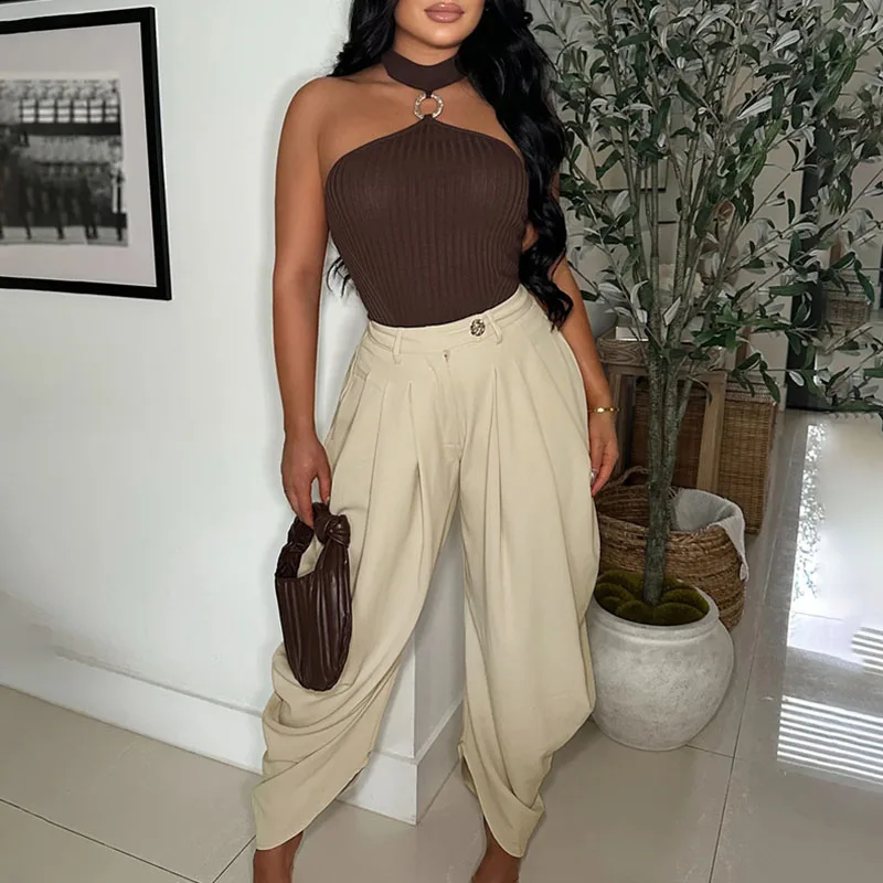 Doyerl Solide Elegante Hosen für Frau Kleidung Vintage Hohe Taille Taste Fly Plissee Knöchel-länge Damen Hosen Pantalon Femme