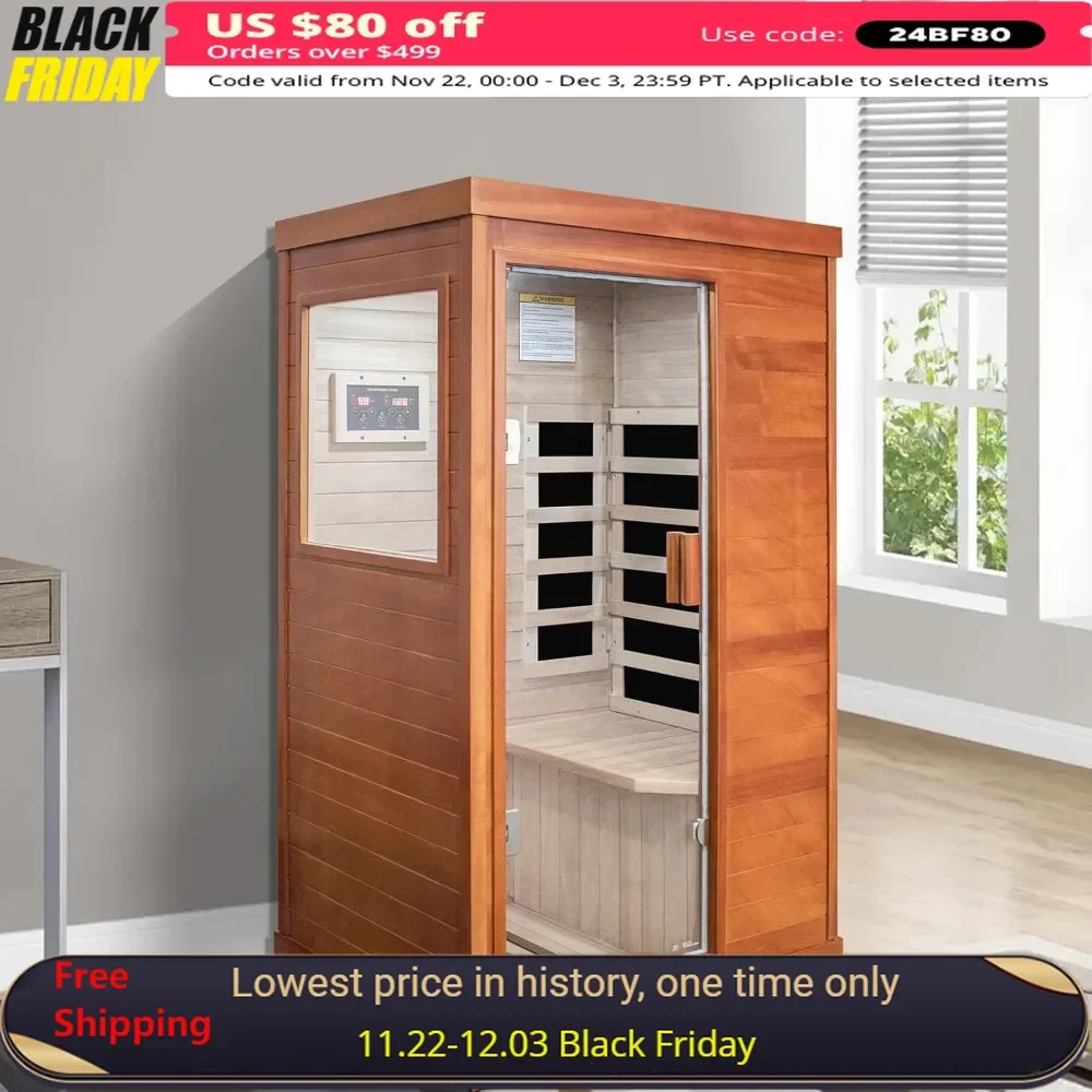 Infrared Sauna with Control Panel and Tempered Glass Door，Classic Retro Indoor Saunas Low-Emf Wood 800W，Portable Sauna