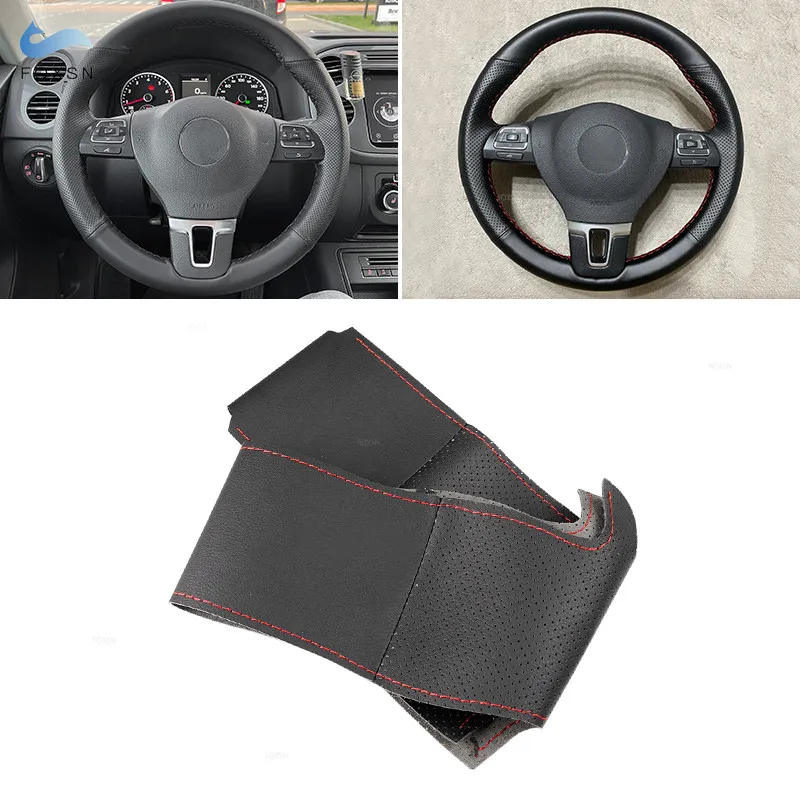 

Black-red Perforated Leather Cover For VW Tiguan Golf Plus Jetta Passat CC Touran Amarok Hand Sewing Steering Wheel Cover Trim