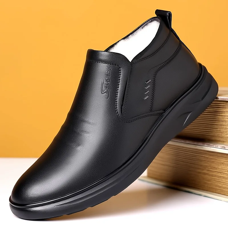 

Winter Casual High-Top Woolen Lined Snow Boots Men's Cotton Shoes Anti-Slip Leather Upper Rubber Sole Comfortable Dad Boots