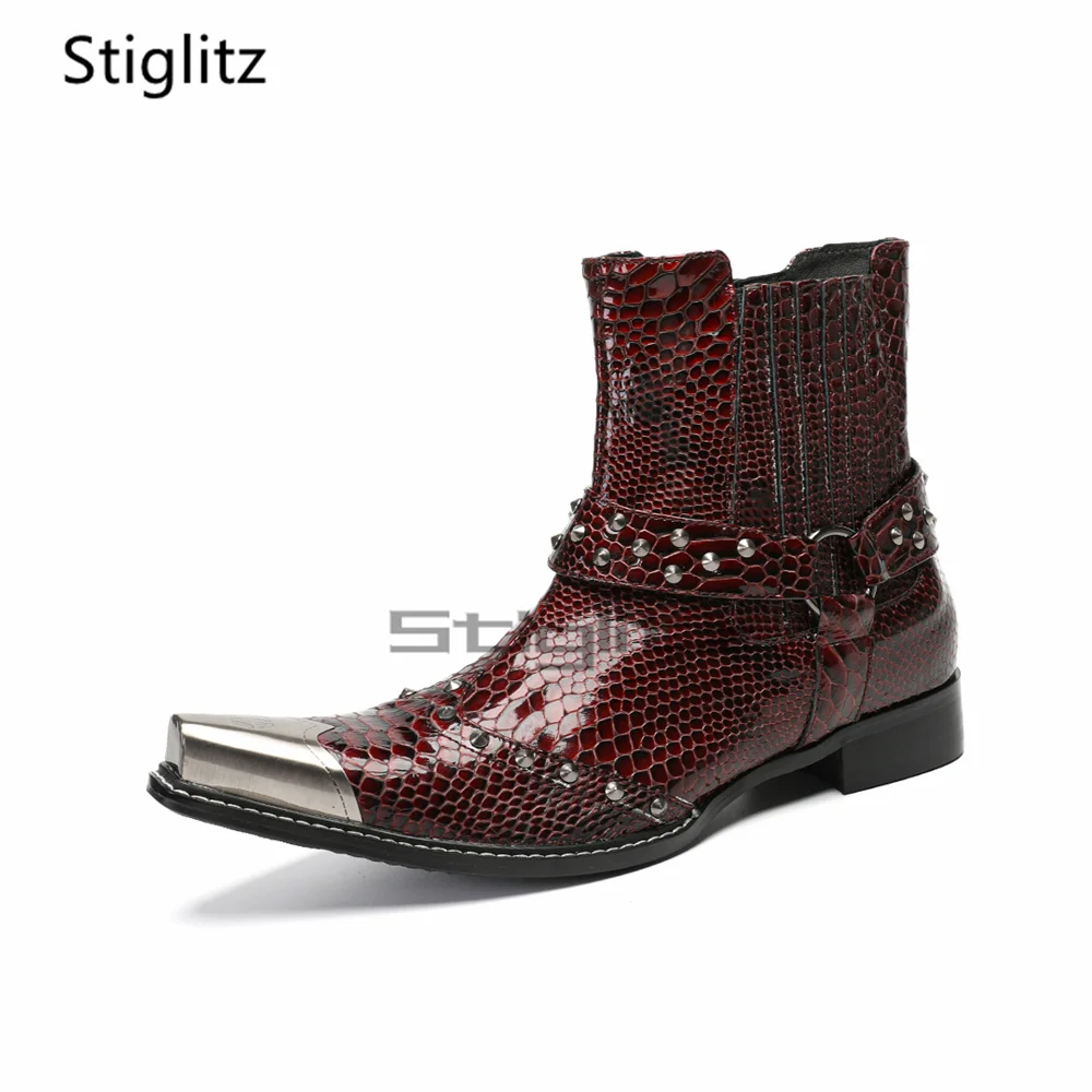 Men's Burgundy Rivets Chelsea Boots Snake Pattern Buckle Strap Metal Pointed Toe Genuine Leather Ankle Boots Autumn Winter Shoes