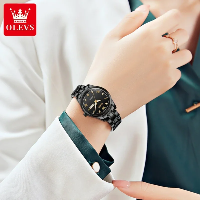 Olevs 여성용 5563 쿼츠 시계, 클래식 레저 스테인레스 스틸, 방수 듀얼 캘린더, 럭셔리 숙녀 시계