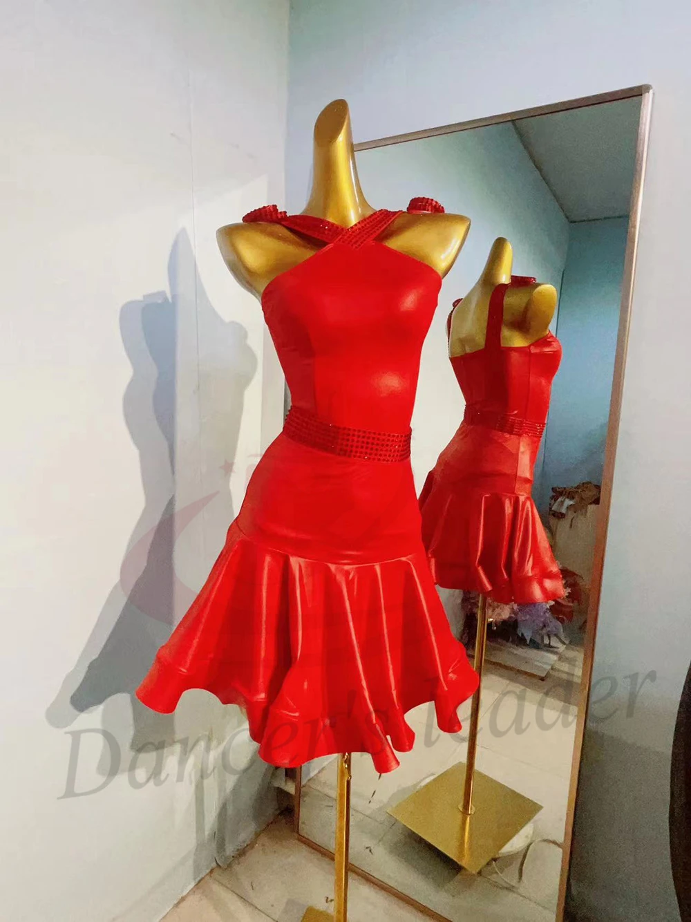 

Latin Dance Costume AB Stone Female Adult Children High-End Customized Red Lacquer Dress Cha Cha Samba Dress