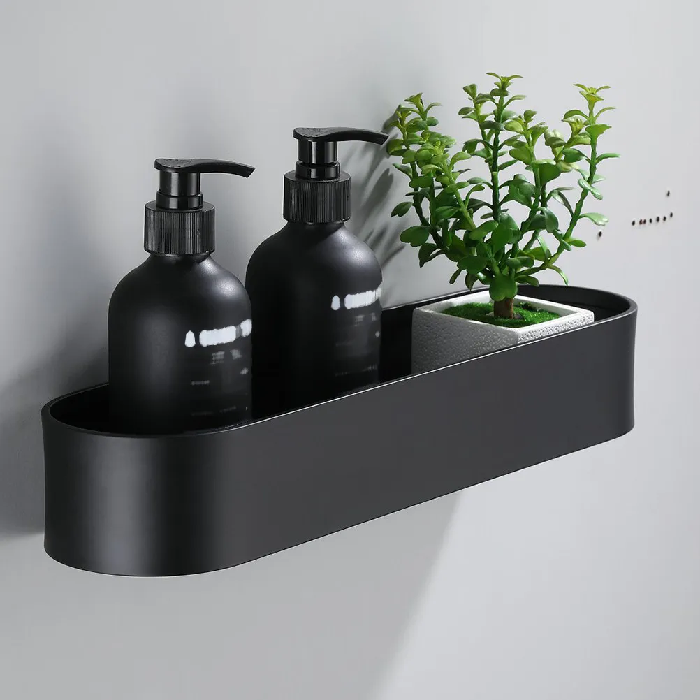 Punch Free Wall Mounted Rack Black 50Cm Self Adhesive Metal Toothbrush Cup Holder Bathroom Kitchen Storage Shelf Drainage Hole
