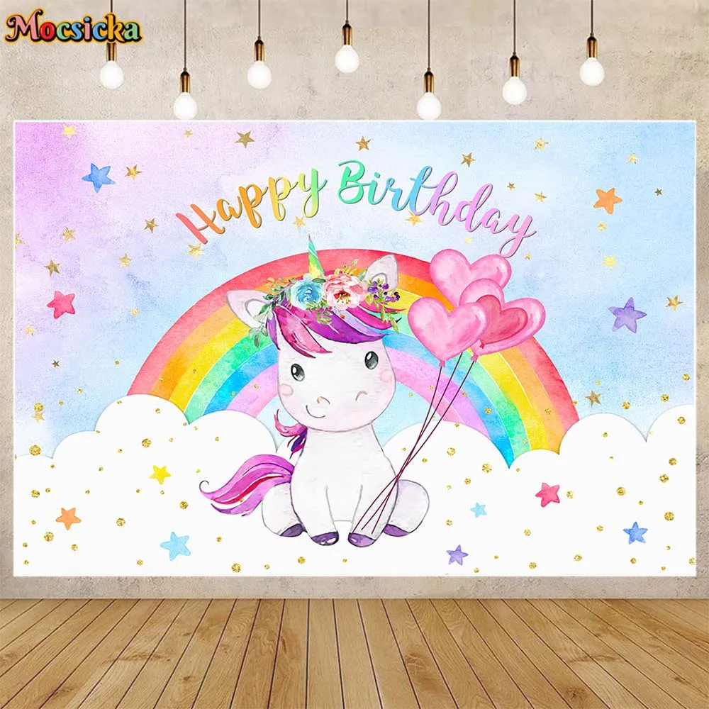 

Mocsicka Unicorn Rainbow Baby Birthday Backdrop White Clouds Star Unicorn Birthday Party Decor Newborn Background Custom Banner