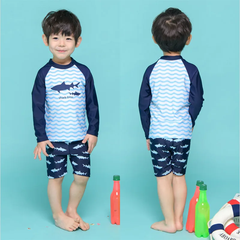 Boy Two Pieces Suit 2-13 Year Swimwear Children Long Sleeve Sunscreen Quick Drying Swimsuit Kid Cool Cartoon Beachwear