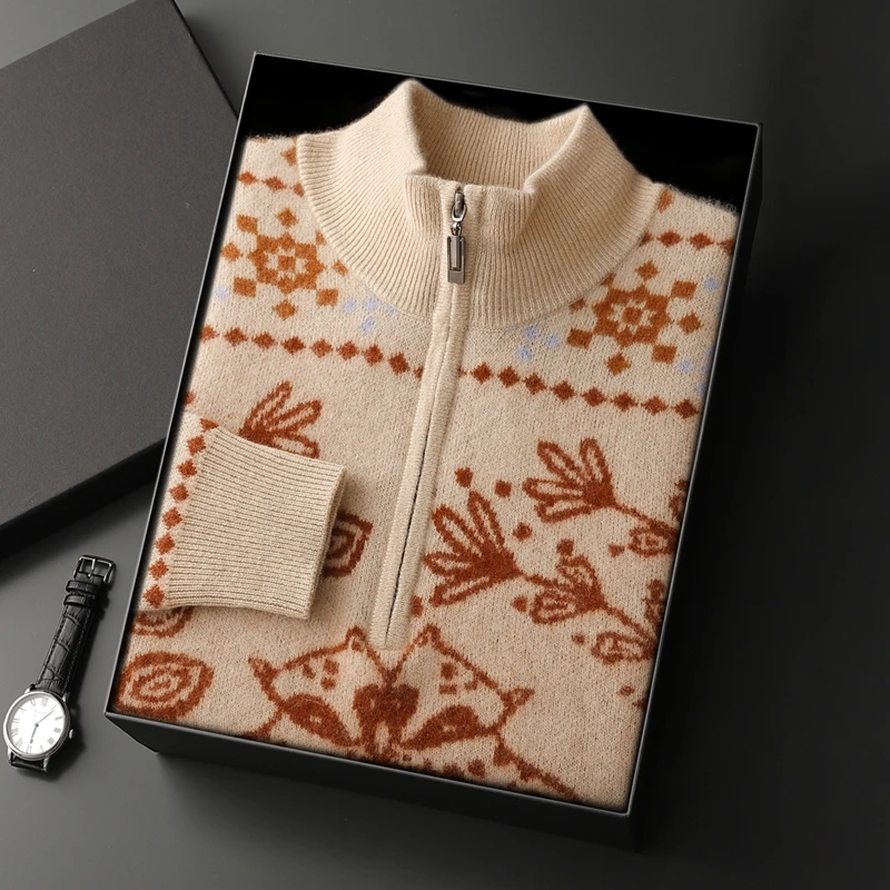 

2025 Men 100% Cashmere Sweater Winter Thicken Half-Zipper Pullover Mock-Neck Jacquard Shirt Warm Plus Size Knit Jackets Tops