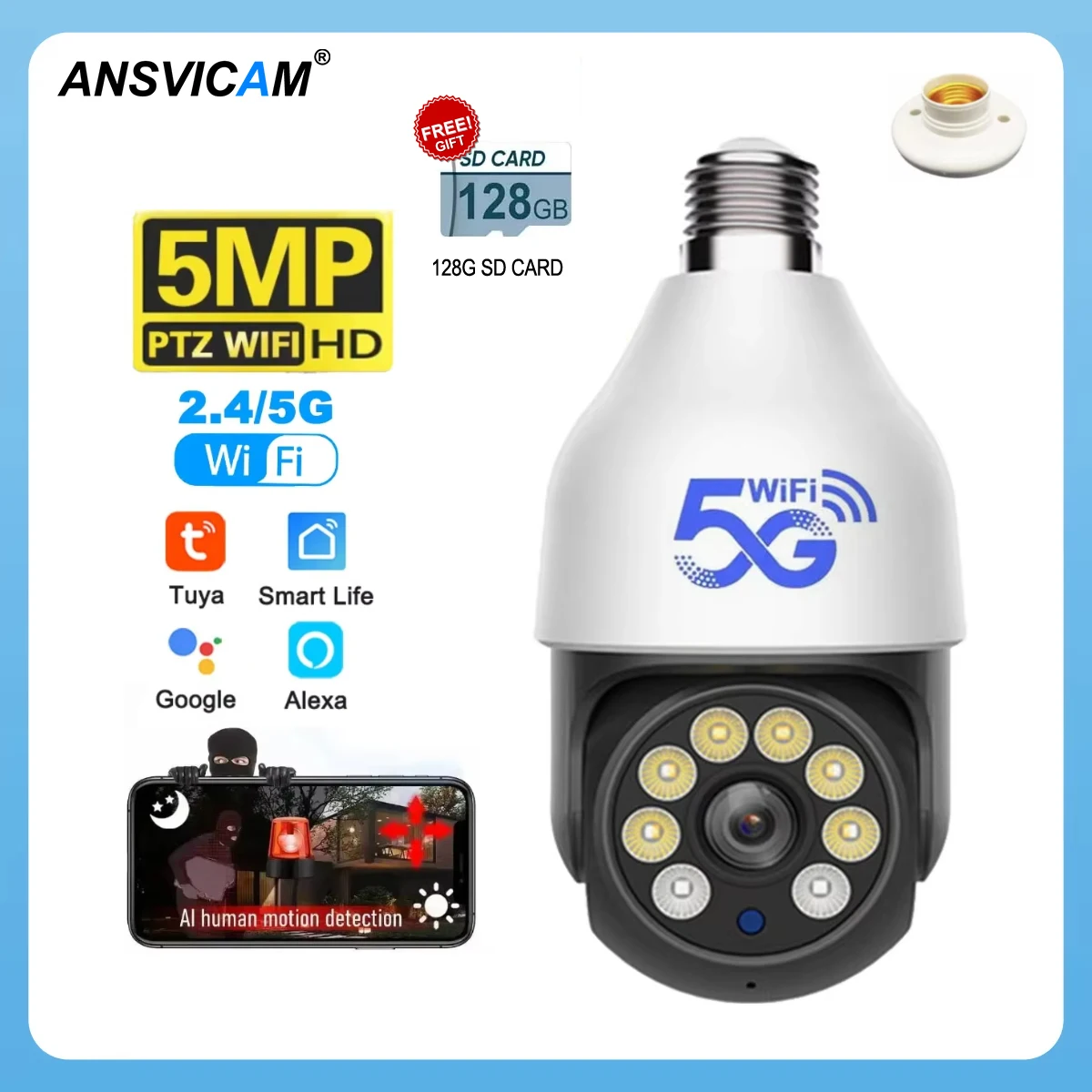 ANSVICAM 5G Wifi Bulb Camera Tuya Smart 1920*1080 PTZ Security Camera Outdoor AI Human Detect Alexa Color Night Vision Cam