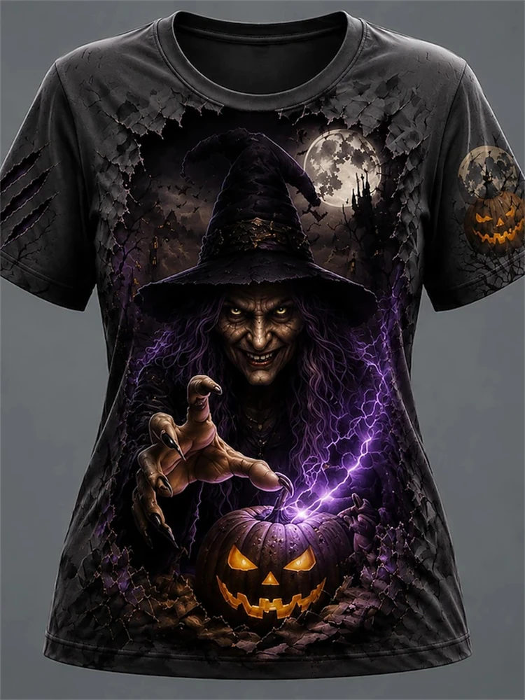 Women's Fashionable Halloween T-Shirt Round-Neck Short-Sleeve Top with Witch Pumpkin and Bat Print Perfect for Holiday Parties