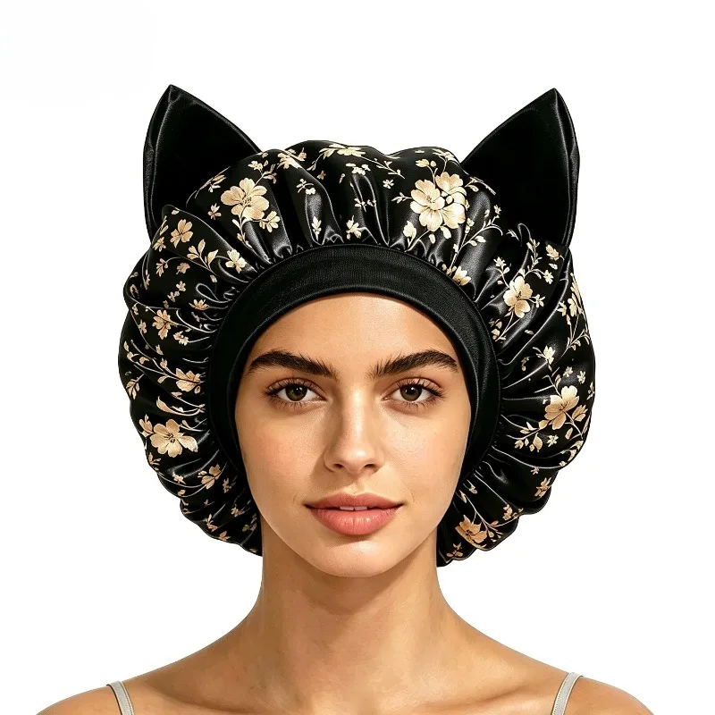 Fashion Silky Smooth Satin Hair Bonnet Breathable Elastic Band Cat Ear Sleep Cap Anti Frizz Soft Hair Protection Hat Night Sleep