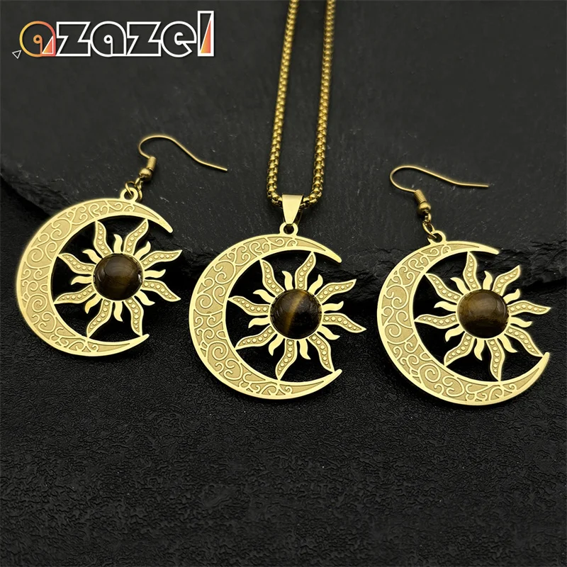Witch Moon Sun Tiger Eye Stone Necklace Earrings for Women Men Stainless Steel Occult Luna Crescent Wicca Chain Jewelry Set