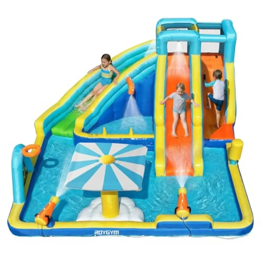 

Надувная водная горка для надувного аквапарка длиной 16,4 футов с двумя горками, водными пистолетами и скалодромом для двора и улицы