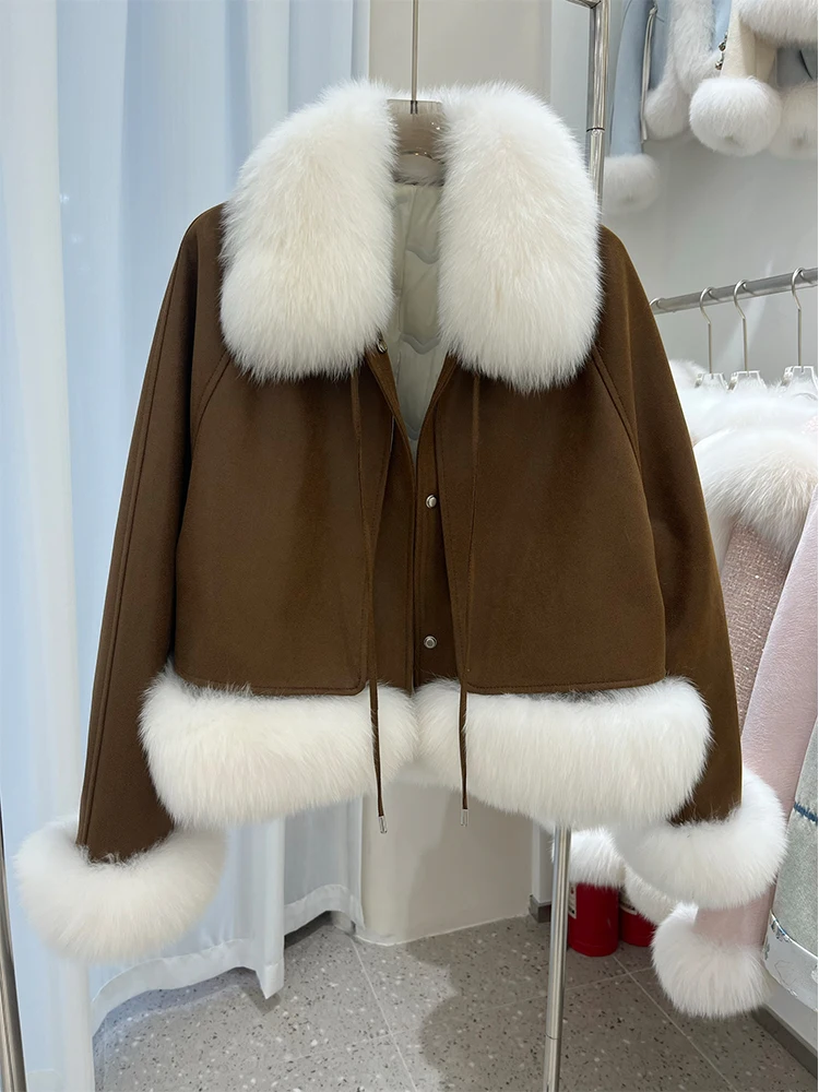 Outono inverno natural real gola de pele de raposa branco ganso para baixo casacos outwear jaqueta feminina de luxo venda quente