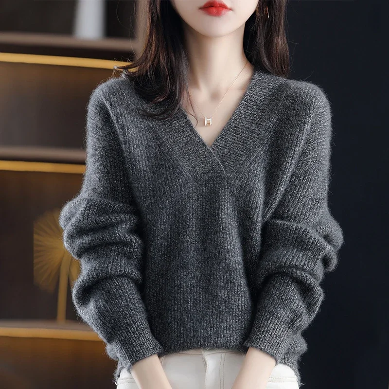 

Women Autumn Winter Fashion Simple V-neck Knit Jumper Office Lady Vintage Solid Warm Thick Wool Pullovers Sweater